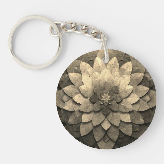 Antique Golden Mandala Art Textured Flower Keychain (Front)