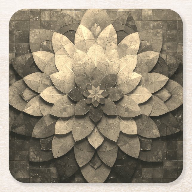 Antique Golden Mandala Art Textured Flower Square Paper Coaster (Front)