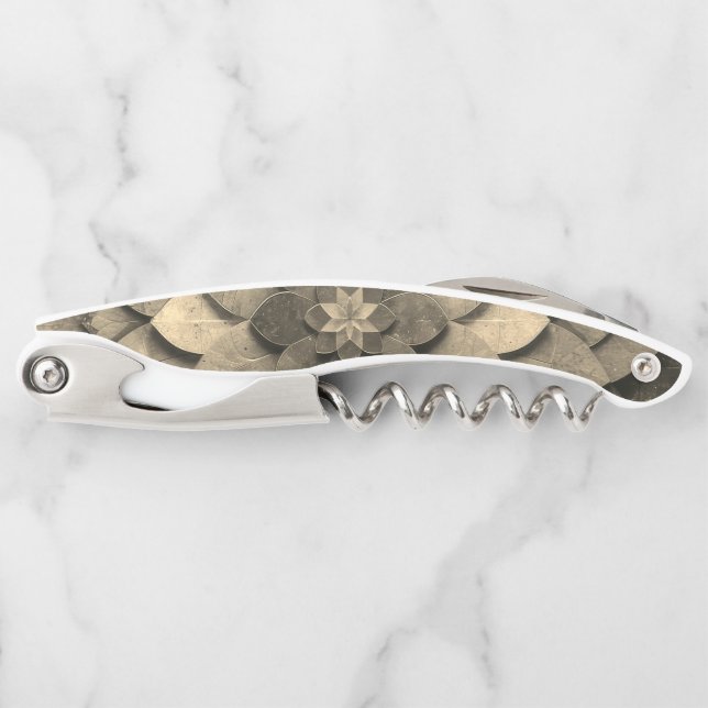 Antique Golden Mandala Art Textured Flower Waiter's Corkscrew (Front)