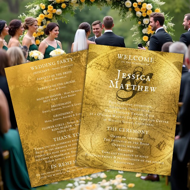 Antique Golden Map Wedding Program (Antique Golden Map Wedding Program. Models are AI Gen.)