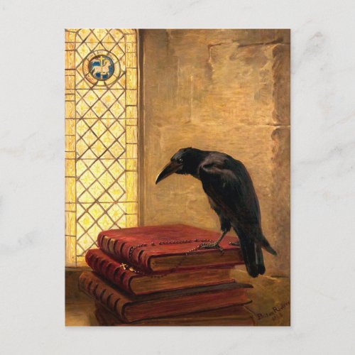 Antique Gothic Raven On Ancient Medieval Books Postcard