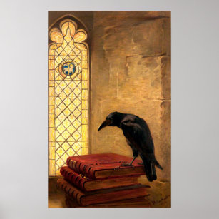Antique Gothic Raven On Ancient Medieval Books Poster