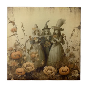 Antique Gothic Witch Trio Autumn Roses Ceramic Tile