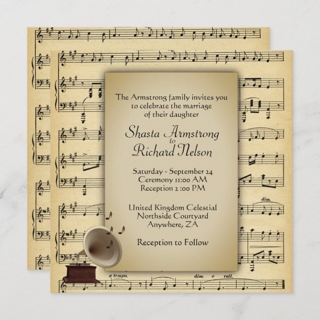 Antique Gramophone Music Wedding Theme Invitation (Front/Back)