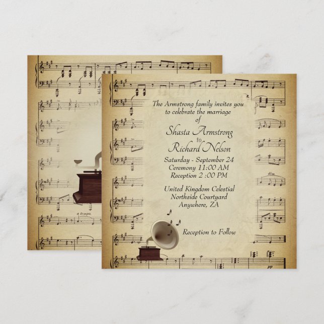 Antique Gramophone Music Wedding Theme Invitation (Front/Back)