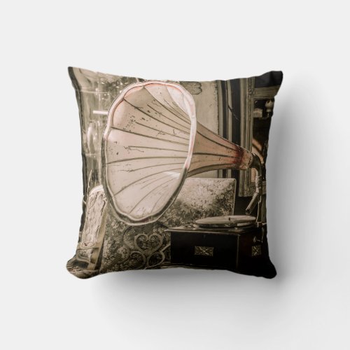 Antique Gramophone Phonograph Record Player Throw Pillow