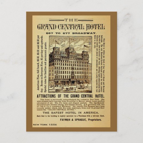 Antique Grand Central Hotel ad New York City Postcard