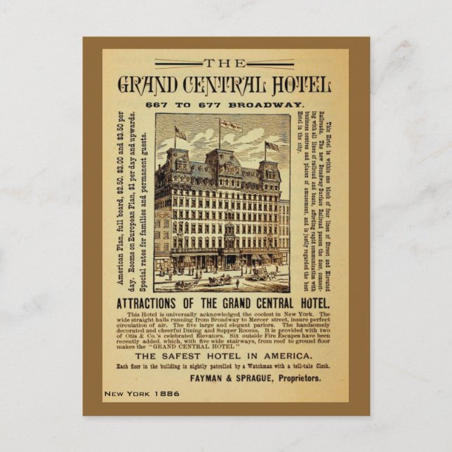 Antique Grand Central Hotel ad New York City Postcard (Front)