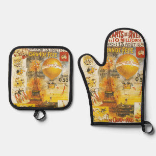 Antique Grand Fete Fair Paris Poster Oven Mitt & Pot Holder Set