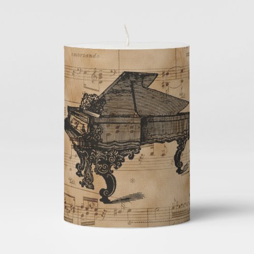 Antique Grand Piano on Vintage Music Sheets Pillar Candle