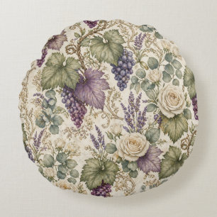Antique Grapes, Lavender & White Roses Round Pillow