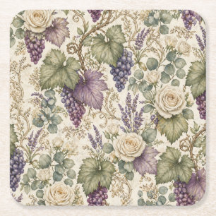 Antique Grapes, Lavender & White Roses Square Paper Coaster