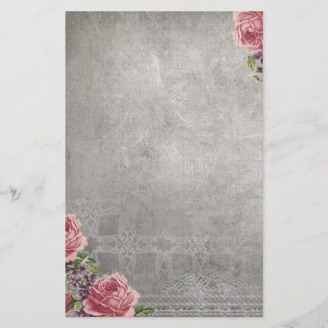 Antique Gray with Pink Roses Stationery (Front)
