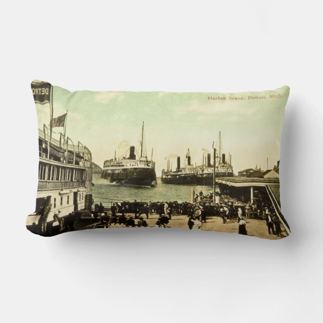 Antique Great Lakes Harbor Scene Detroit Michigan Lumbar Pillow (Front)