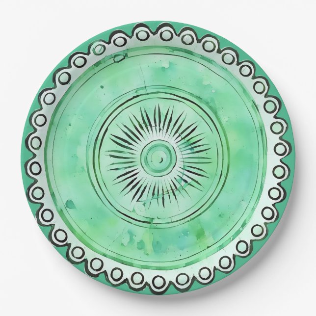 Antique Green Glass Sunburst Faux China Paper Plates (Front)