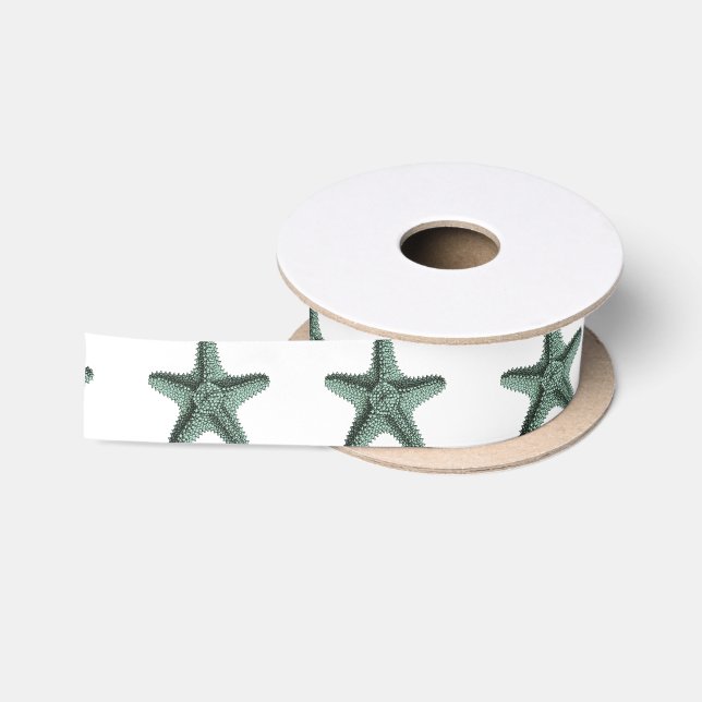 Antique Green Ocean Starfish Illustration Satin Ribbon (Spool)