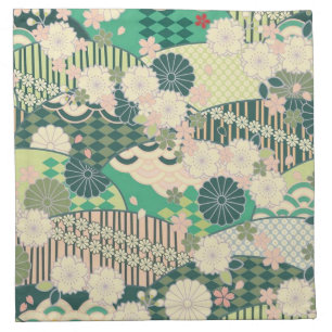 Antique Green Pink White Japanese Kimono Floral Cloth Napkin