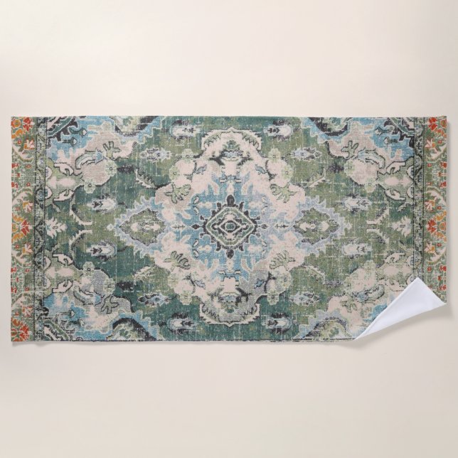Antique green rug beach towel (Front)