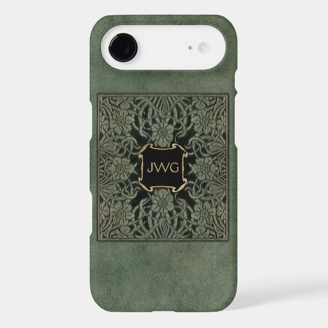 Antique Green Tooled Leather Monogram Book Cover (Back)