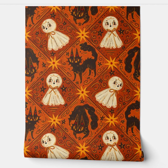 Antique Halloween Ghost & Black Cats Harlequin Wallpaper (Unrolling)