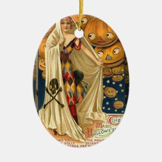 Antique Halloween Jack O Lantern Costume Woman Ceramic Ornament (Front)