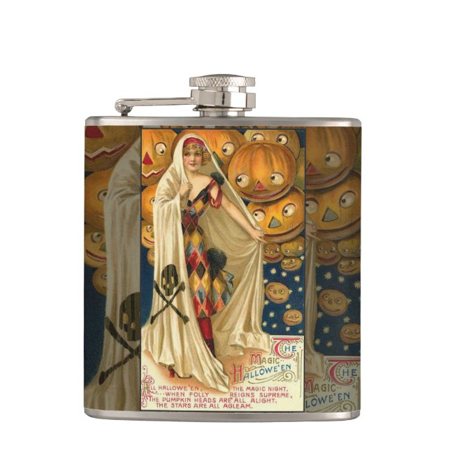 Antique Halloween Jack O Lantern Costume Woman Hip Flask (Front)