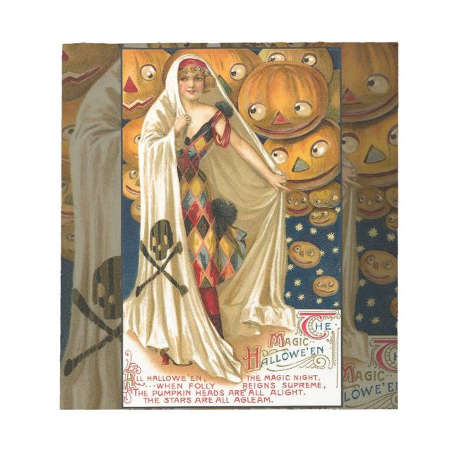 Antique Halloween Jack O Lantern Costume Woman Notepad (Front)