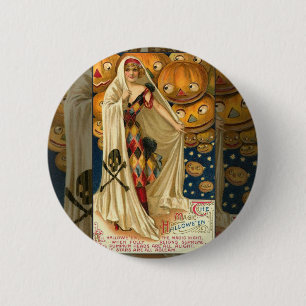 Antique Halloween Jack O Lantern Costume Woman Pinback Button