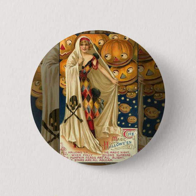 Antique Halloween Jack O Lantern Costume Woman Pinback Button (Front)