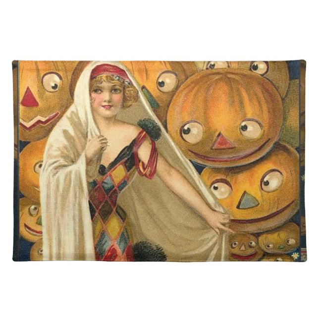 Antique Halloween Jack O Lantern Costume Woman Placemat (Front)