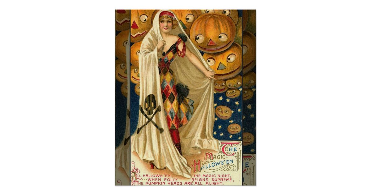 Antique Halloween Jack O Lantern Costume Woman Poster | Zazzle