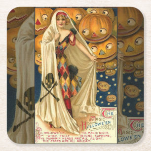 Antique Halloween Jack O Lantern Costume Woman Square Paper Coaster