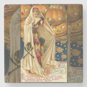 Antique Halloween Jack O Lantern Costume Woman Stone Coaster