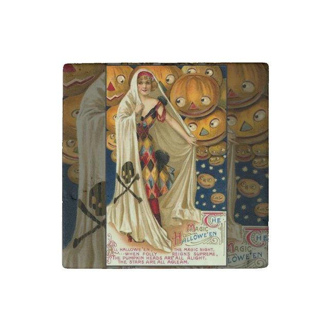 Antique Halloween Jack O Lantern Costume Woman Stone Magnet (First Magnet)