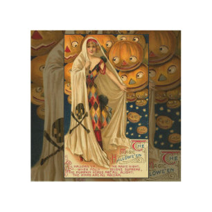Antique Halloween Jack O Lantern Costume Woman Wood Wall Decor