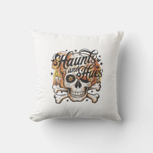 Antique Halloween Poster Haunts and Hues Skull  Throw Pillow