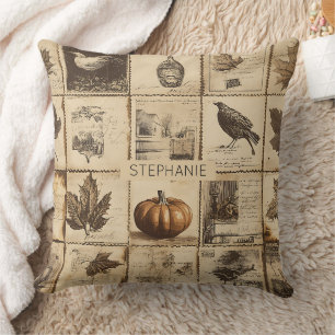 Antique Harvest Pumpkin Maple Leaf Sepia Throw Pillow
