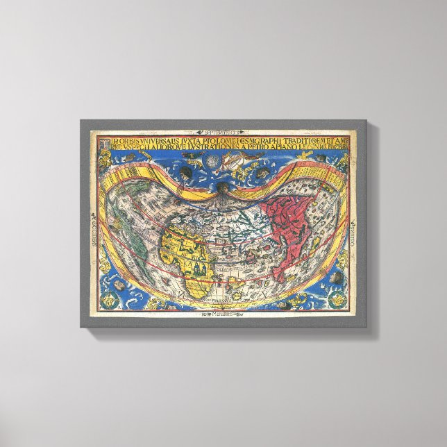 Antique Heart Shaped World Map by Peter Apian 1520 Canvas Print (Front)