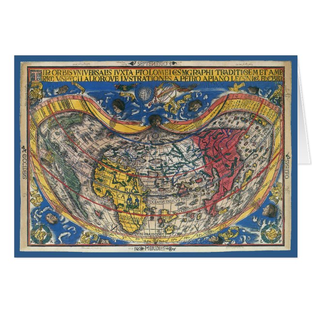 Antique Heart Shaped World Map by Peter Apian 1520 Cards (Front Horizontal)