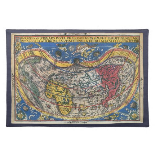 Antique Heart Shaped World Map by Peter Apian 1520 Cloth Placemat