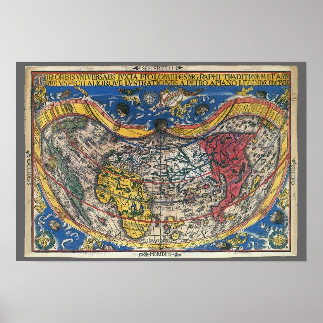 Antique Heart Shaped World Map by Peter Apian 1520 Poster (Front)