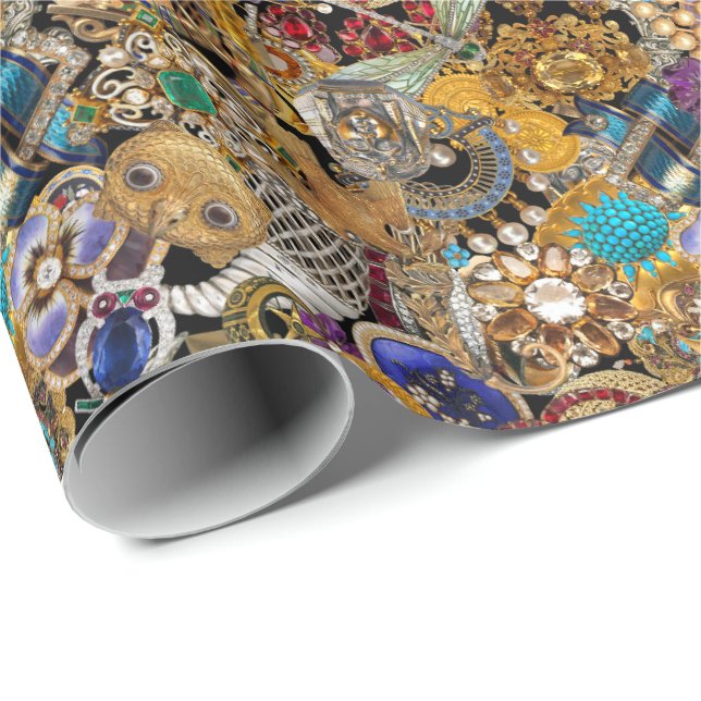 Antique Historical Jewelry on Black Background Wrapping Paper (Roll Corner)