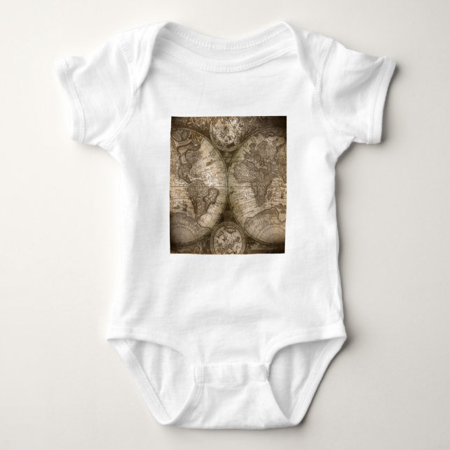 Antique Historical Old World Atlas Map Continents Baby Bodysuit (Front)