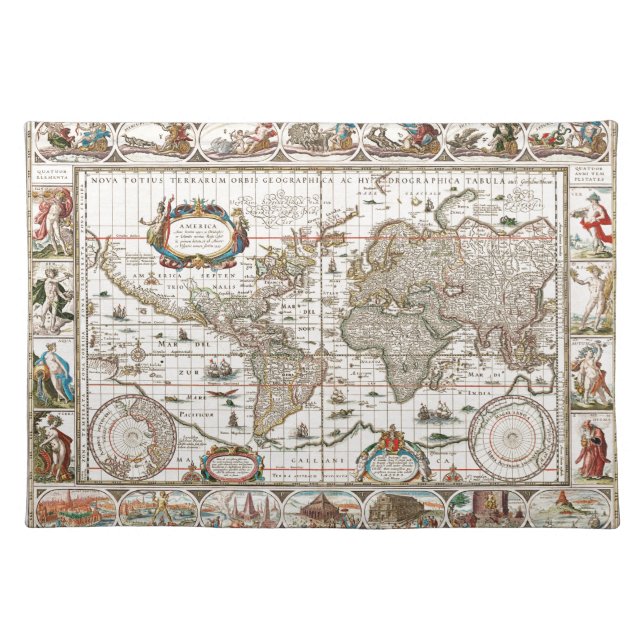 Antique Historical Old World Atlas Map Continents Cloth Placemat (Front)