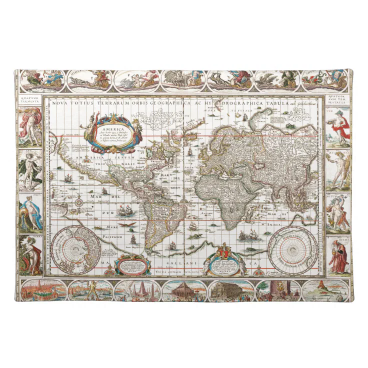 Antique Historical Old World Atlas Map Continents Cloth Placemat | Zazzle