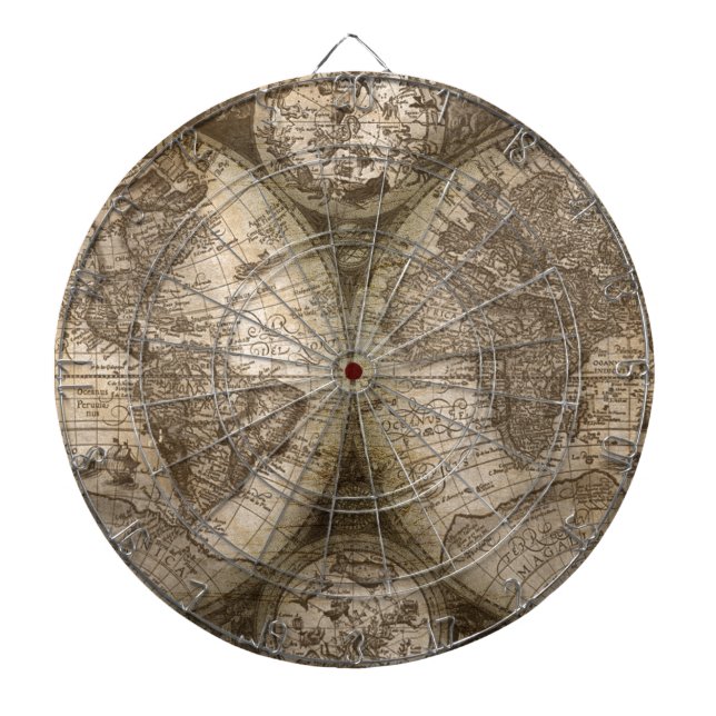 Antique Historical Old World Atlas Map Continents Dartboard With Darts (Front)