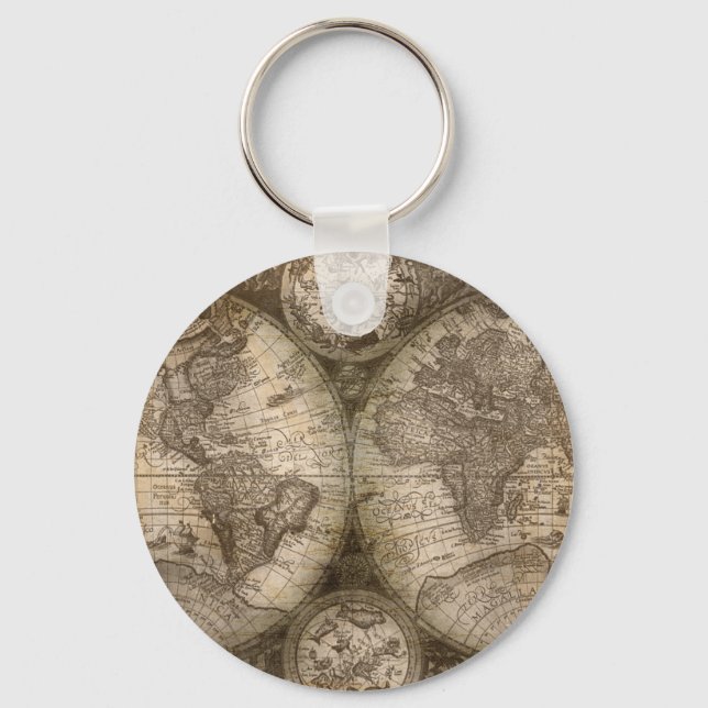 Antique Historical Old World Atlas Map Continents Keychain (Front)