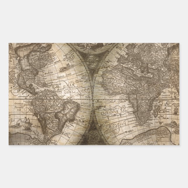 Antique Historical Old World Atlas Map Continents Rectangular Sticker (Front)