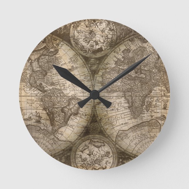 Antique Historical Old World Atlas Map Continents Round Clock (Front)
