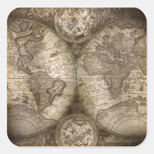 Antique Historical Old World Atlas Map Continents Square Sticker